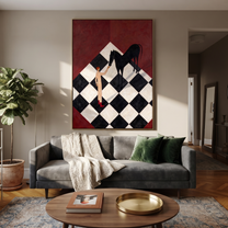 Black Horse Bends Checked - horse and standing figure painting by Isabelle Laurent, modern Western vertical wall art – styled room scene view 3