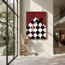 Black Horse Bends Checked - horse and standing figure painting by Isabelle Laurent, modern Western vertical wall art – styled room scene view 4