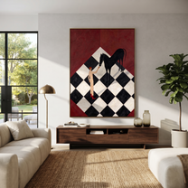 Black Horse Bends Checked - horse and standing figure painting by Isabelle Laurent, modern Western vertical wall art – styled room scene view 5