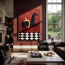 Red Boots Cross Burgundy - black horse rider painting by Isabelle Laurent, modern Western vertical wall art – styled room scene view 1