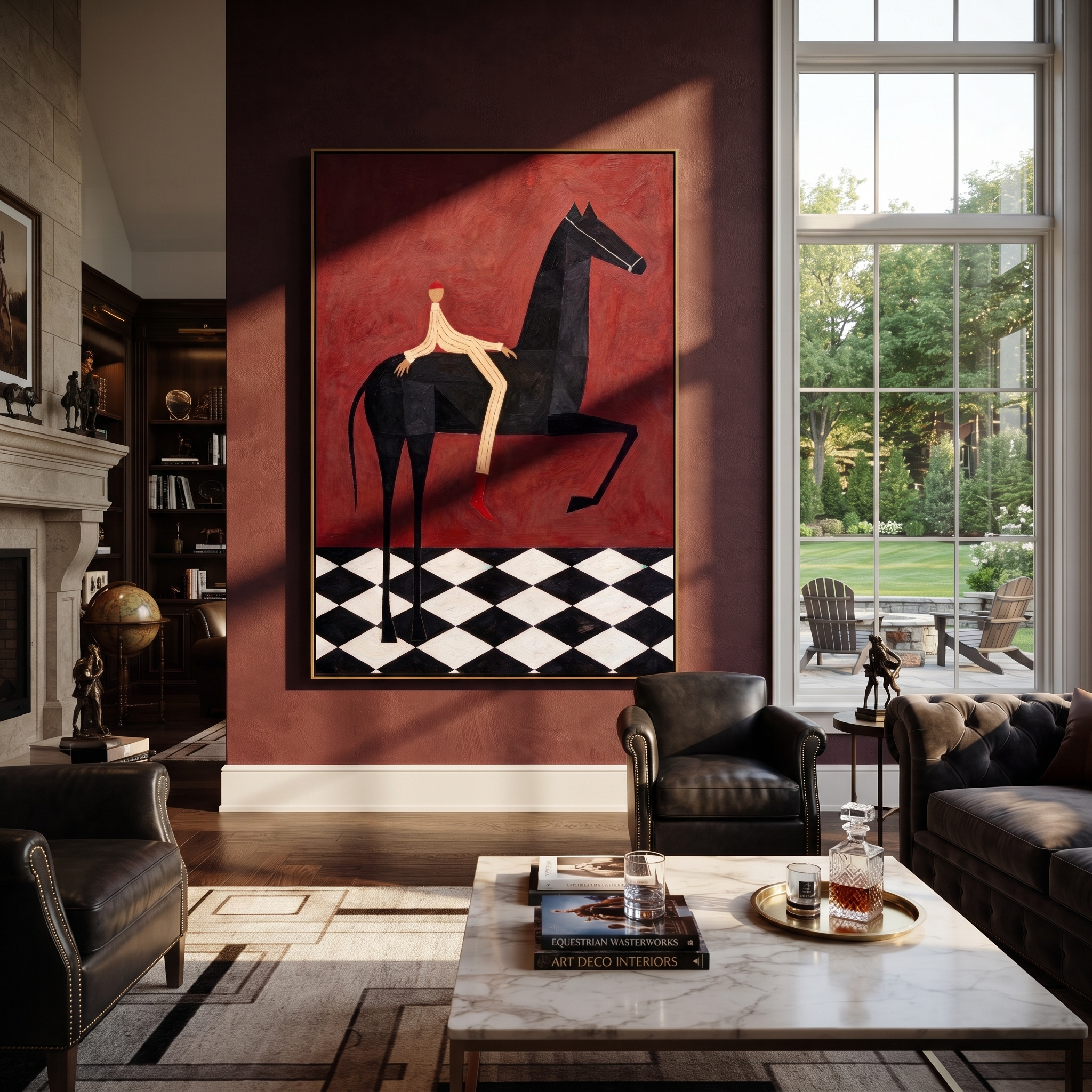 Red Boots Cross Burgundy - black horse rider painting by Isabelle Laurent, modern Western vertical wall art – styled room scene view 1