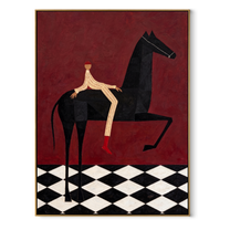 Red Boots Cross Burgundy - black horse rider painting by Isabelle Laurent, modern Western vertical wall art – wood frame on white background