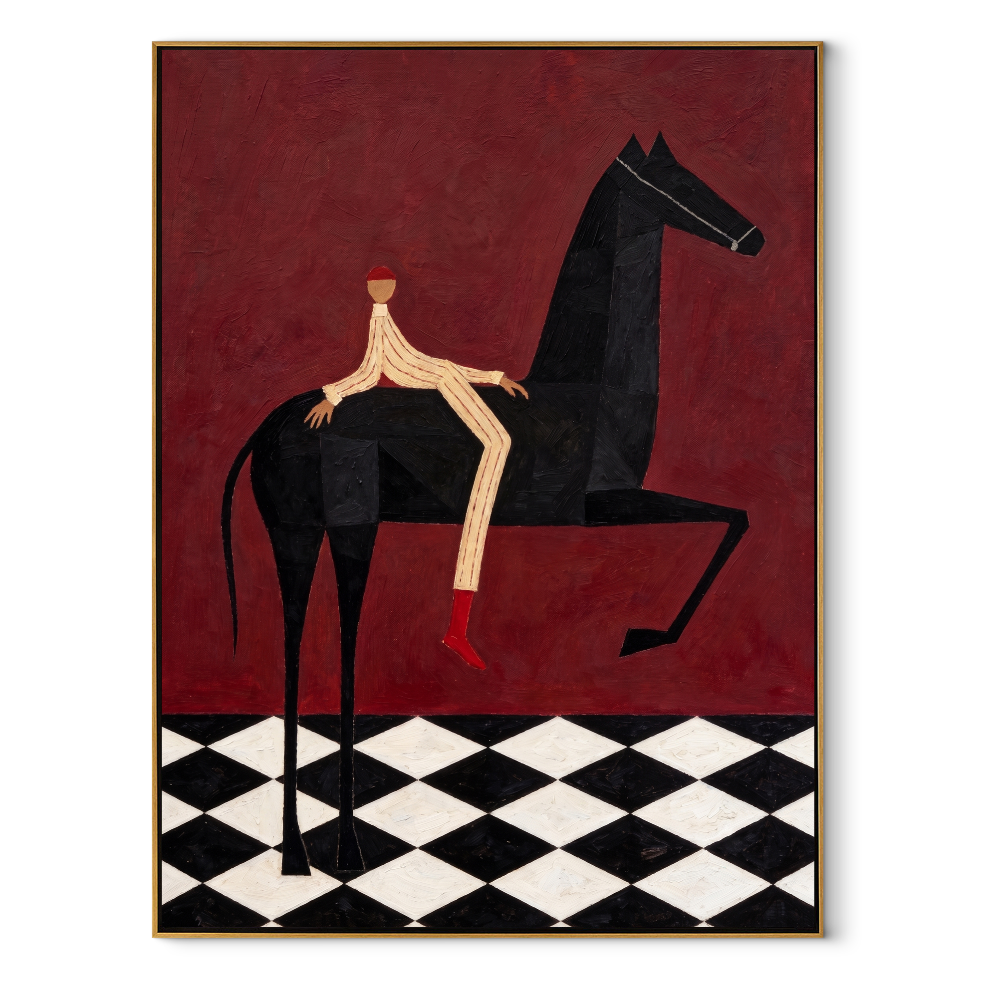 Red Boots Cross Burgundy - black horse rider painting by Isabelle Laurent, modern Western vertical wall art – wood frame on white background