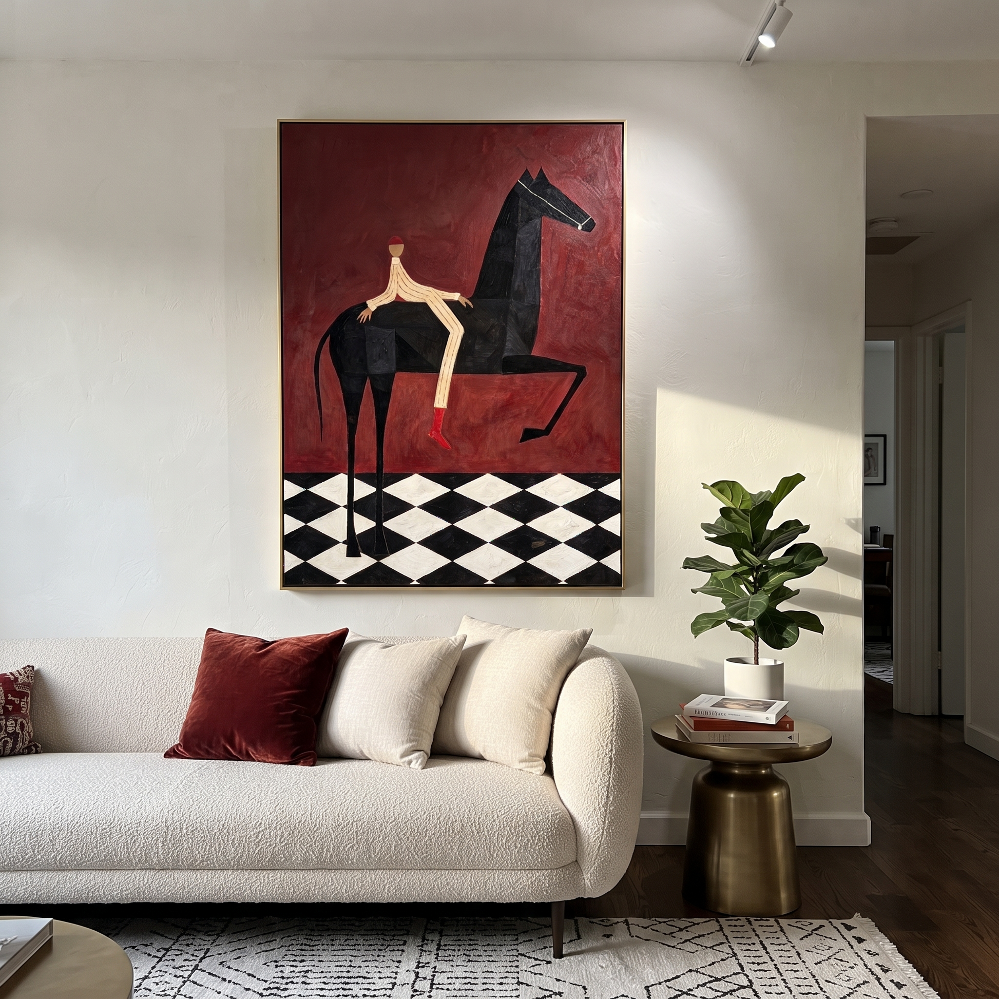 Red Boots Cross Burgundy - black horse rider painting by Isabelle Laurent, modern Western vertical wall art – styled room scene view 2