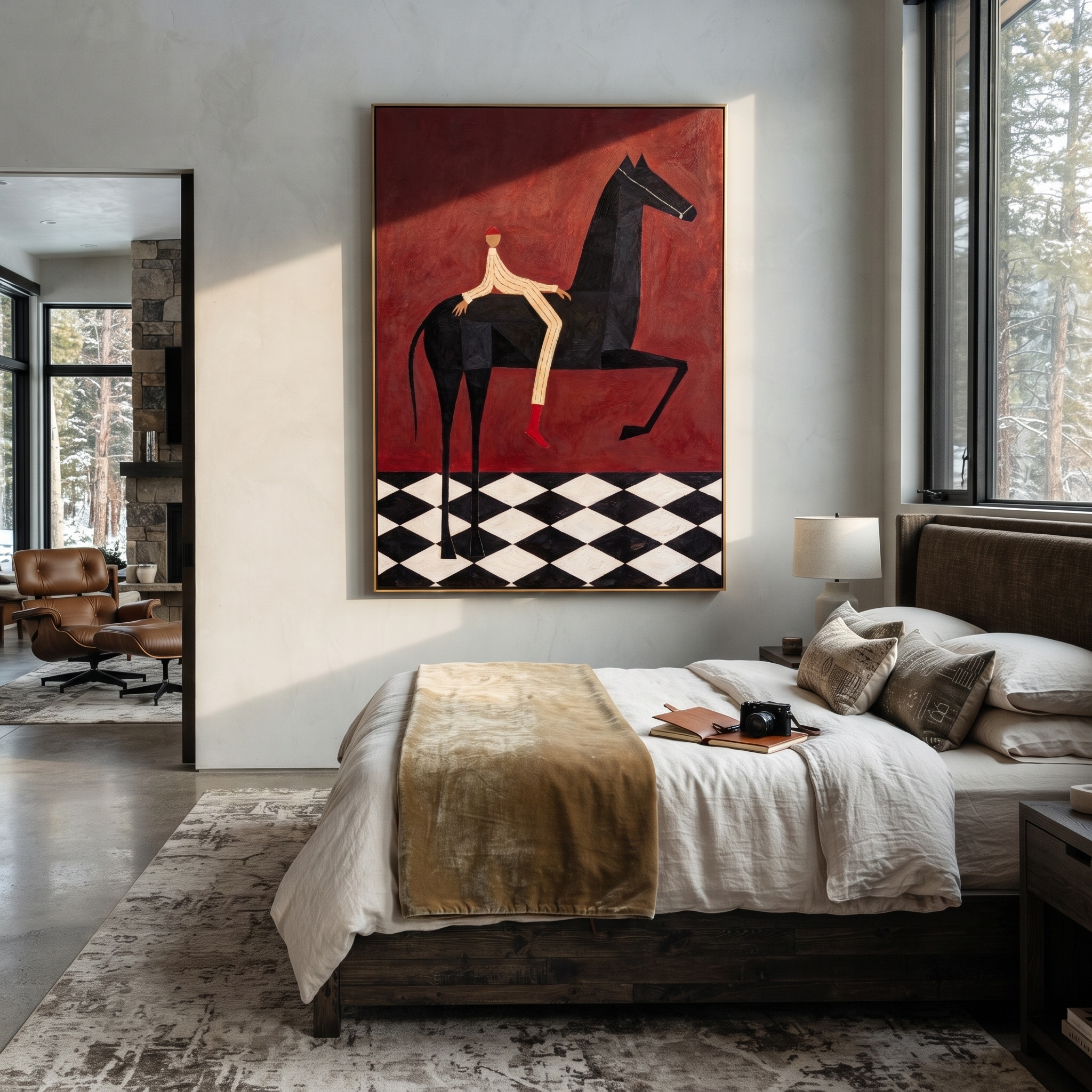 Red Boots Cross Burgundy - black horse rider painting by Isabelle Laurent, modern Western vertical wall art – styled room scene view 3
