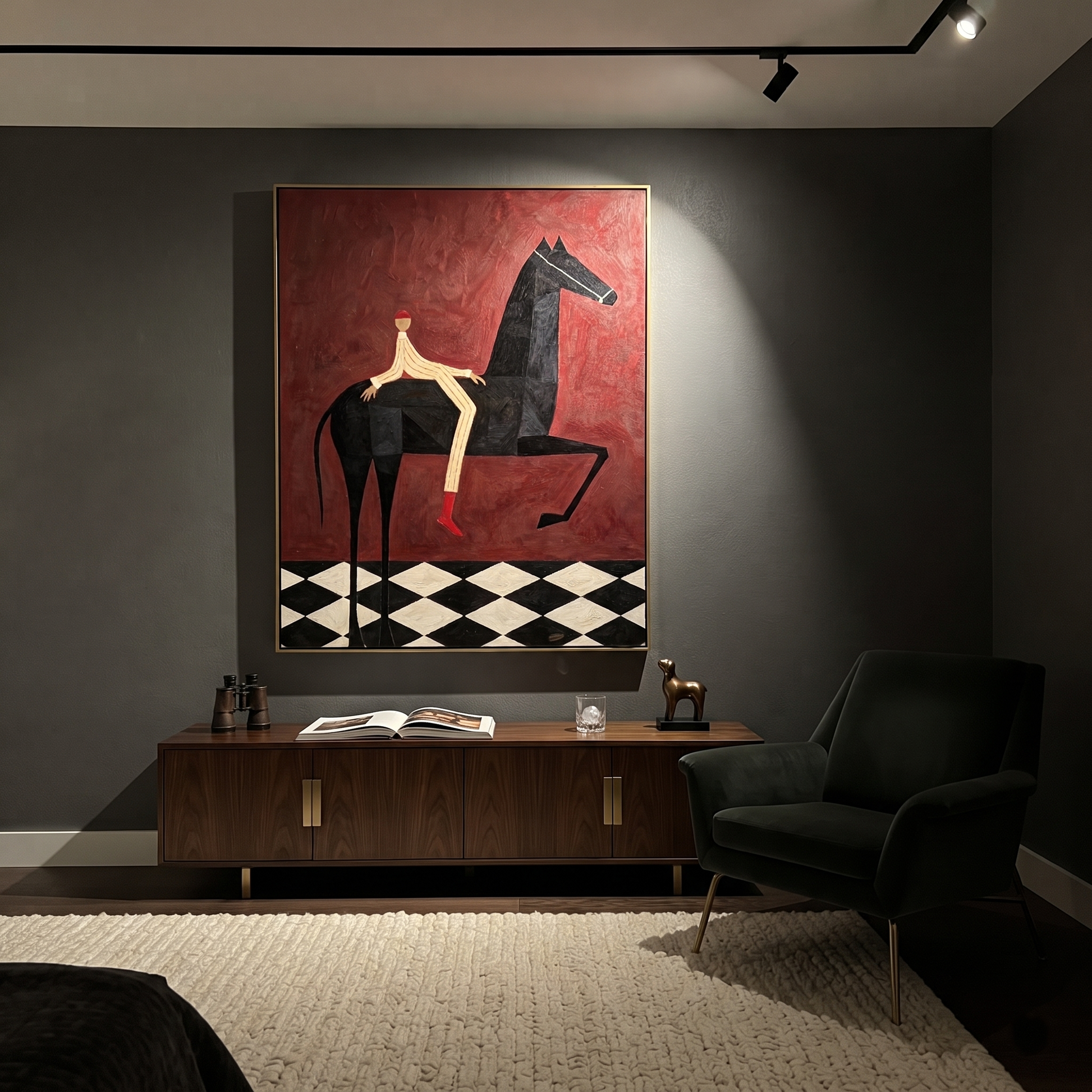 Red Boots Cross Burgundy - black horse rider painting by Isabelle Laurent, modern Western vertical wall art – styled room scene view 4