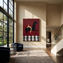 Red Boots Cross Burgundy - black horse rider painting by Isabelle Laurent, modern Western vertical wall art – styled room scene view 5