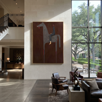 Gray Horse Carries Stripes - gray horse rider painting by Isabelle Laurent, modern Western vertical wall art – styled room scene view 1