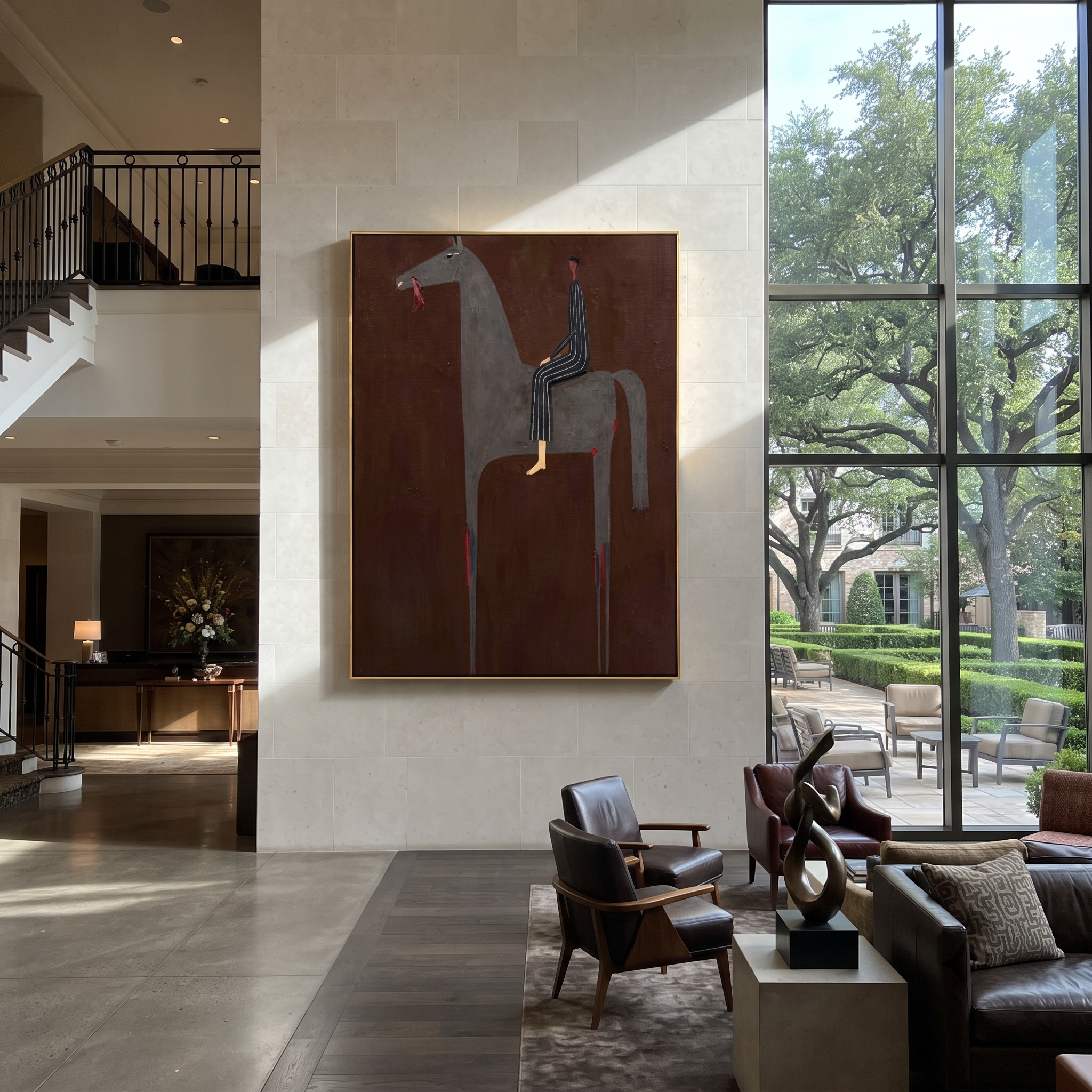 Gray Horse Carries Stripes - gray horse rider painting by Isabelle Laurent, modern Western vertical wall art – styled room scene view 1