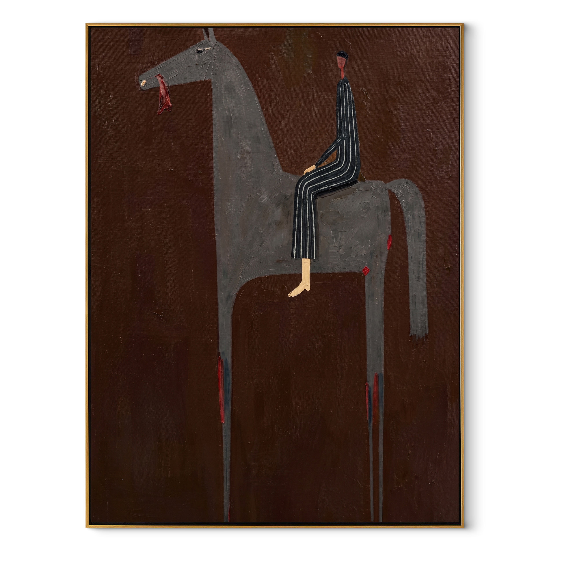 Gray Horse Carries Stripes - gray horse rider painting by Isabelle Laurent, modern Western vertical wall art – wood frame on white background