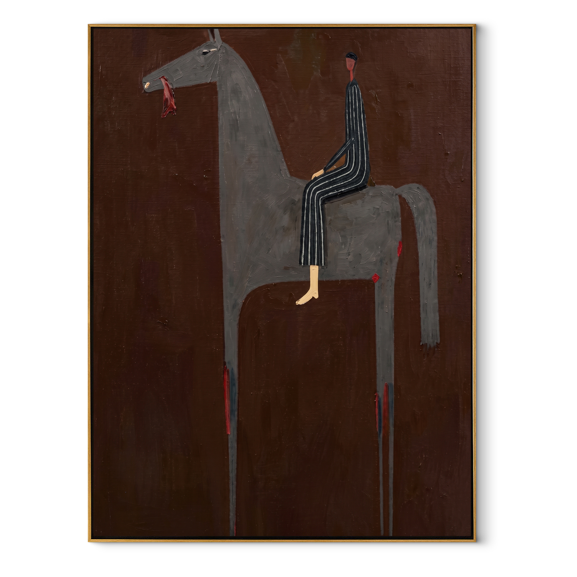 Gray Horse Carries Stripes - gray horse rider painting by Isabelle Laurent, modern Western vertical wall art – wood frame on white background