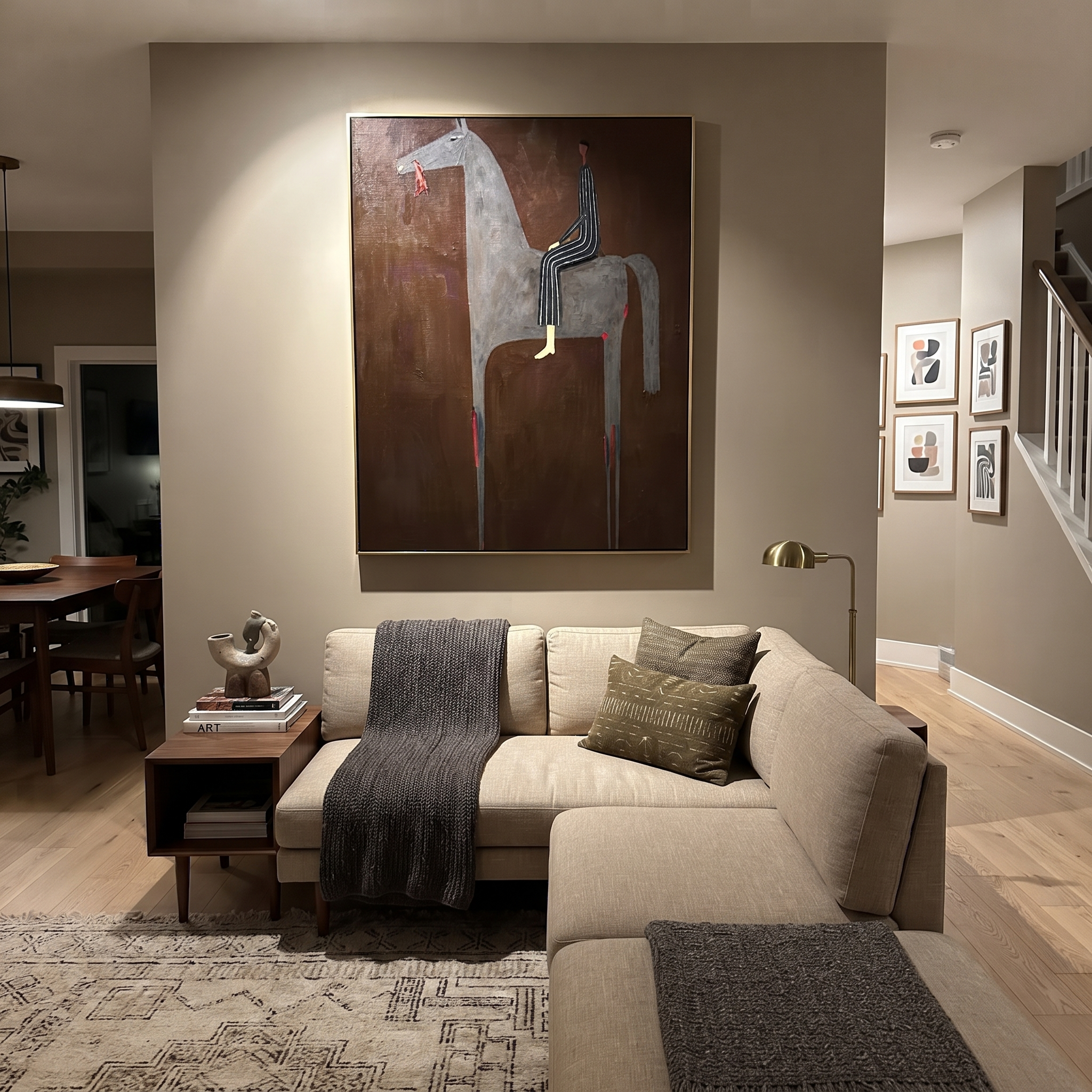 Gray Horse Carries Stripes - gray horse rider painting by Isabelle Laurent, modern Western vertical wall art – styled room scene view 2