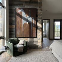 Gray Horse Carries Stripes - gray horse rider painting by Isabelle Laurent, modern Western vertical wall art – styled room scene view 3