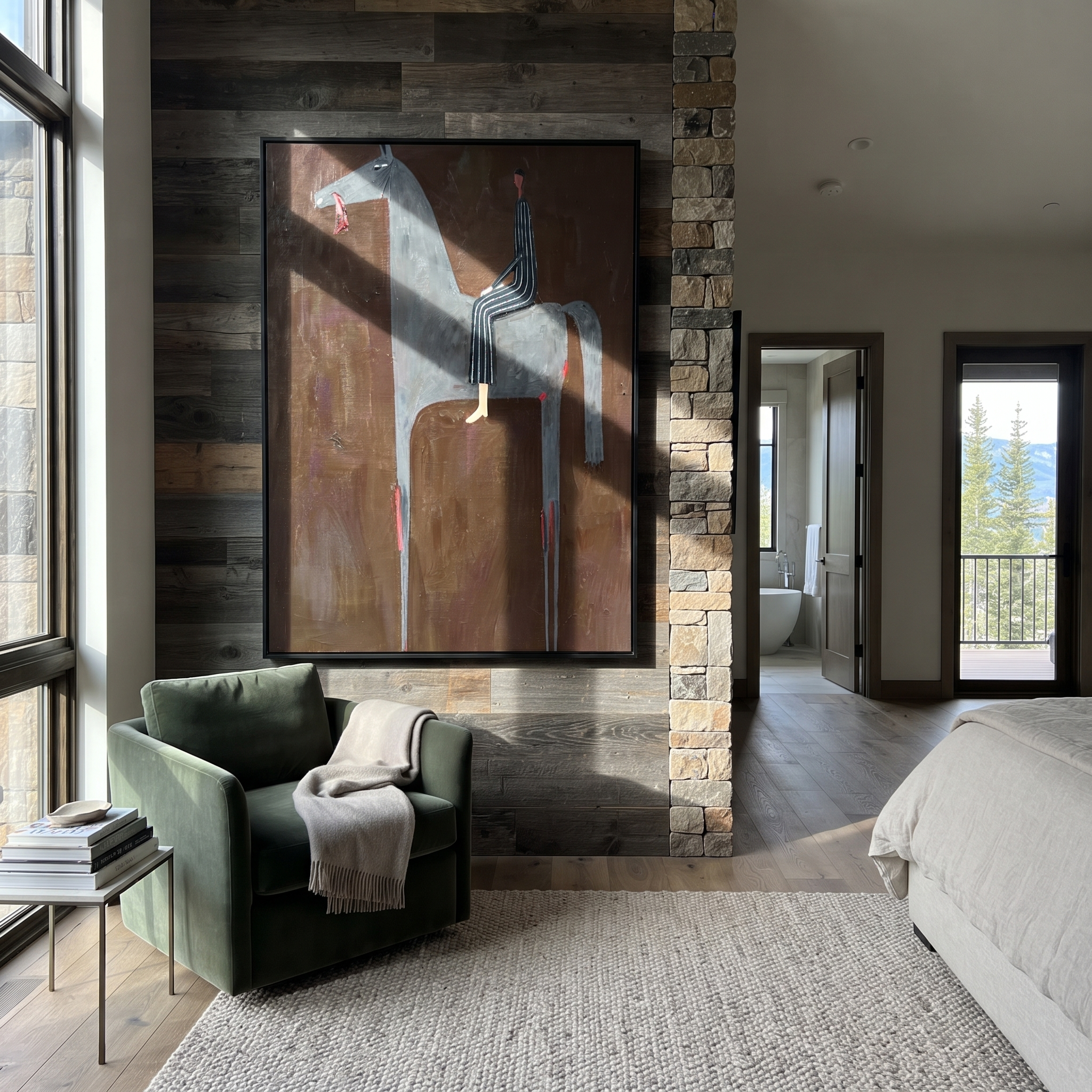 Gray Horse Carries Stripes - gray horse rider painting by Isabelle Laurent, modern Western vertical wall art – styled room scene view 3