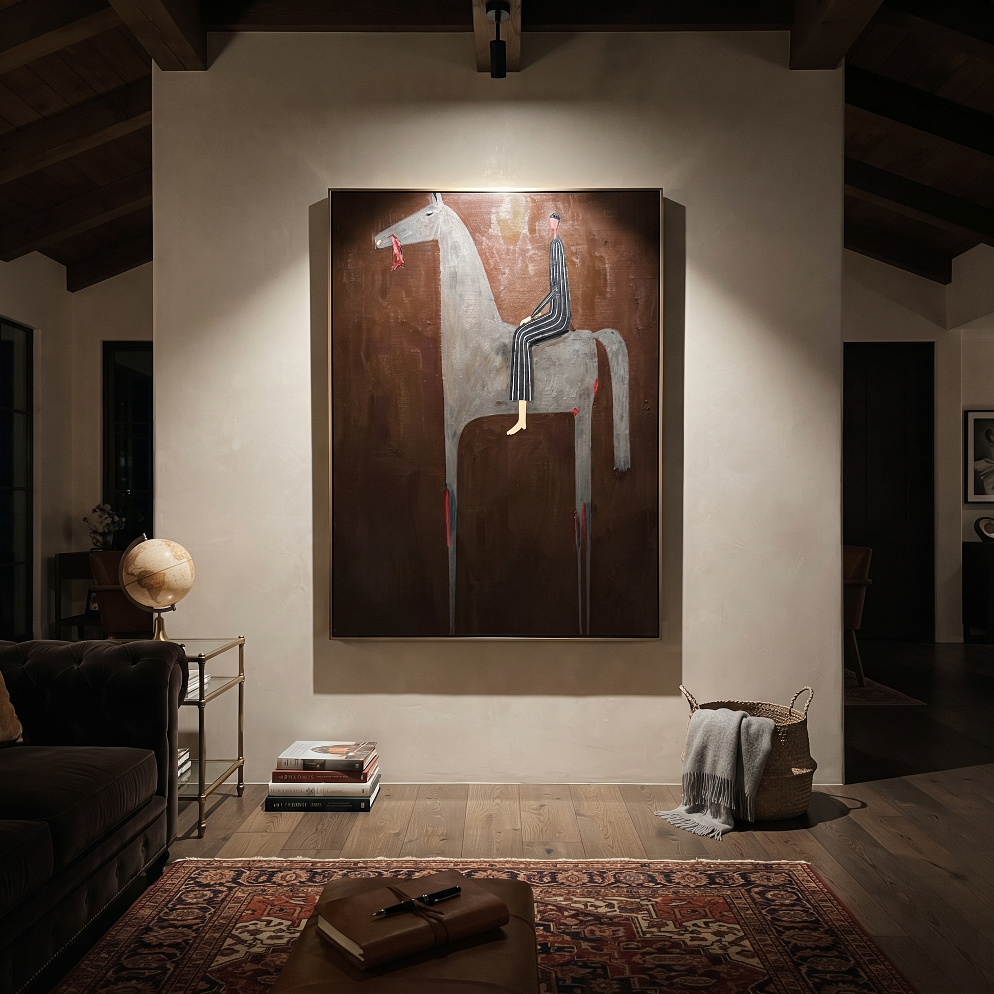 Gray Horse Carries Stripes - gray horse rider painting by Isabelle Laurent, modern Western vertical wall art – styled room scene view 4