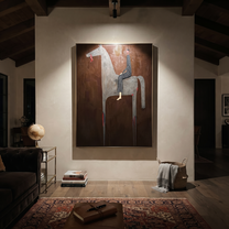 Gray Horse Carries Stripes - gray horse rider painting by Isabelle Laurent, modern Western vertical wall art – styled room scene view 4