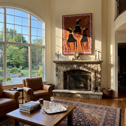 Three Hats Circle Chestnut - three black horse folk painting by Isabelle Laurent, modern Western vertical wall art – styled room scene view 1