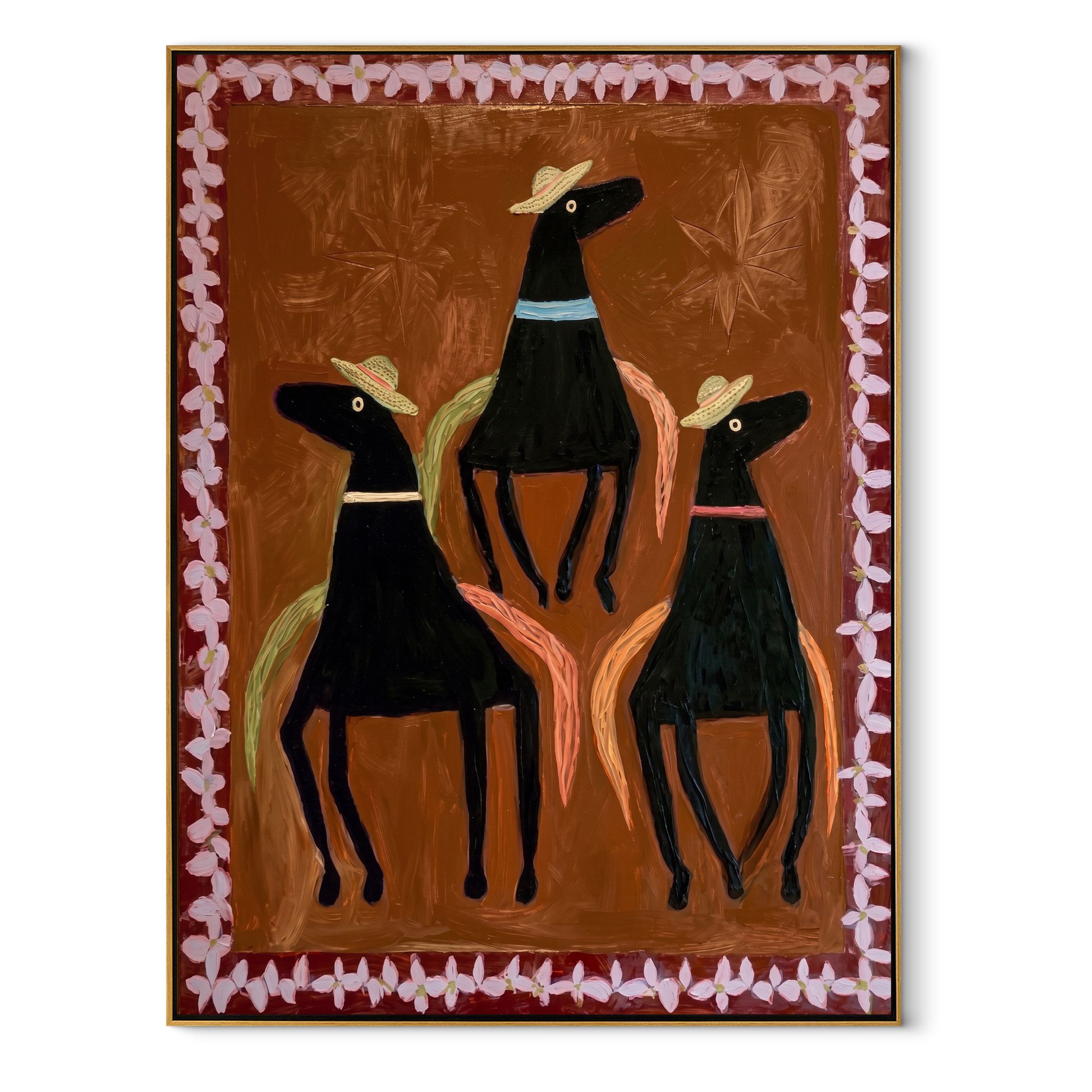 Three Hats Circle Chestnut - three black horse folk painting by Isabelle Laurent, modern Western vertical wall art – wood frame on white background