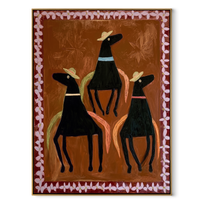Three Hats Circle Chestnut - three black horse folk painting by Isabelle Laurent, modern Western vertical wall art – wood frame on white background