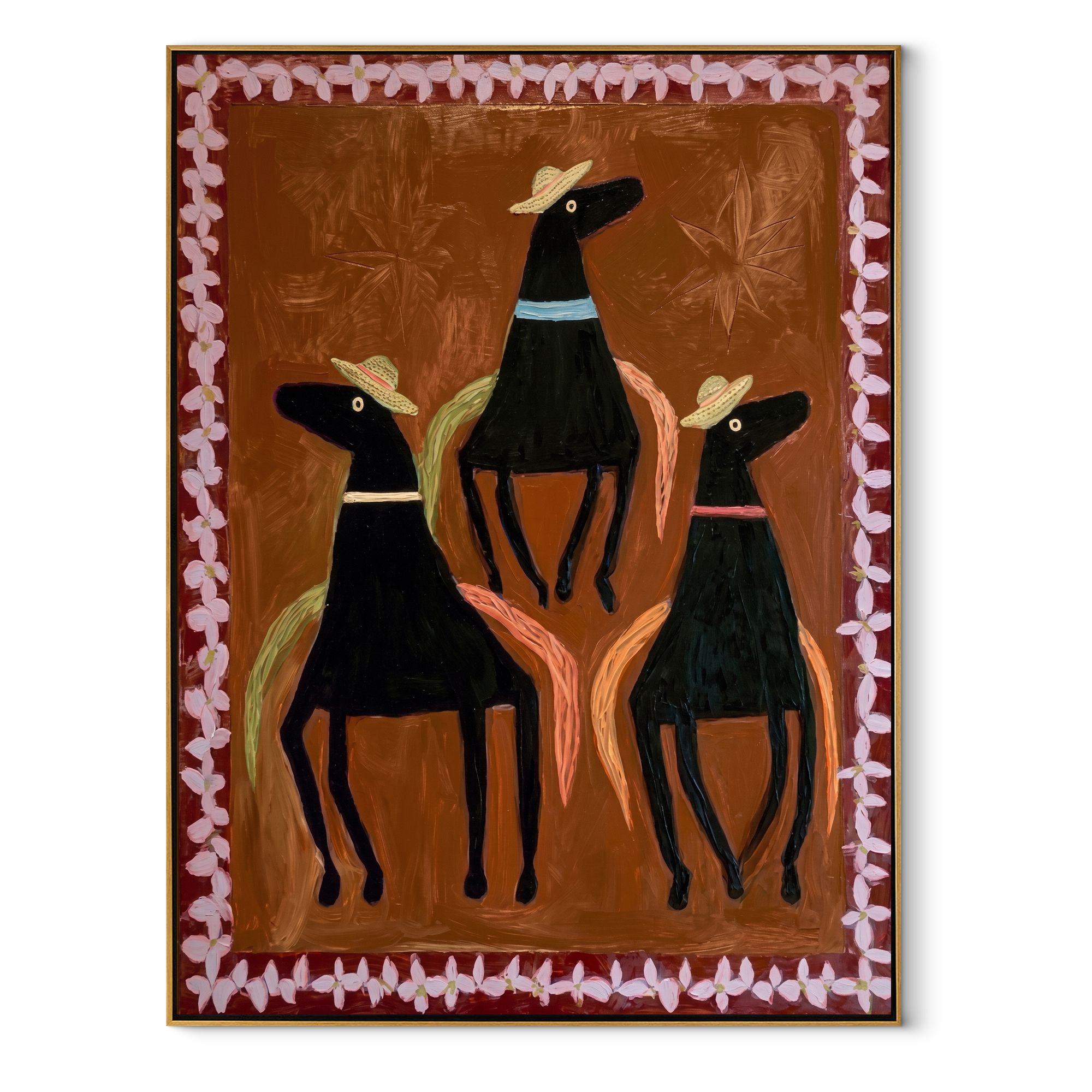 Three Hats Circle Chestnut - three black horse folk painting by Isabelle Laurent, modern Western vertical wall art – wood frame on white background