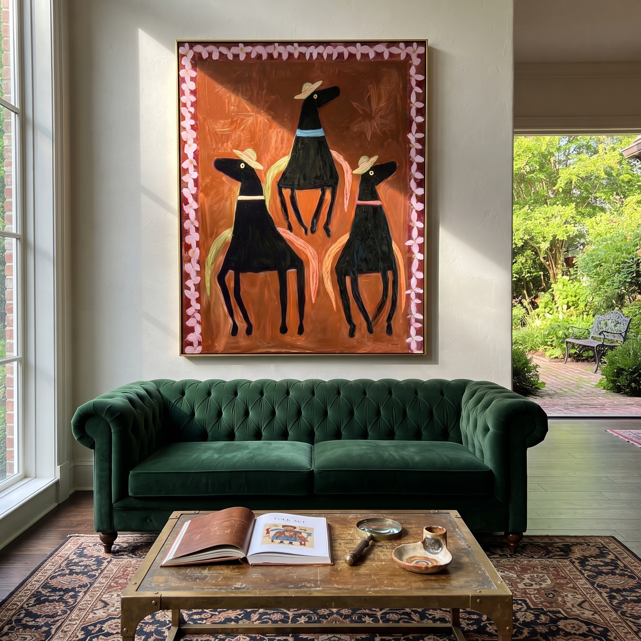 Three Hats Circle Chestnut - three black horse folk painting by Isabelle Laurent, modern Western vertical wall art – styled room scene view 2