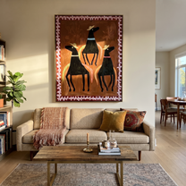 Three Hats Circle Chestnut - three black horse folk painting by Isabelle Laurent, modern Western vertical wall art – styled room scene view 3