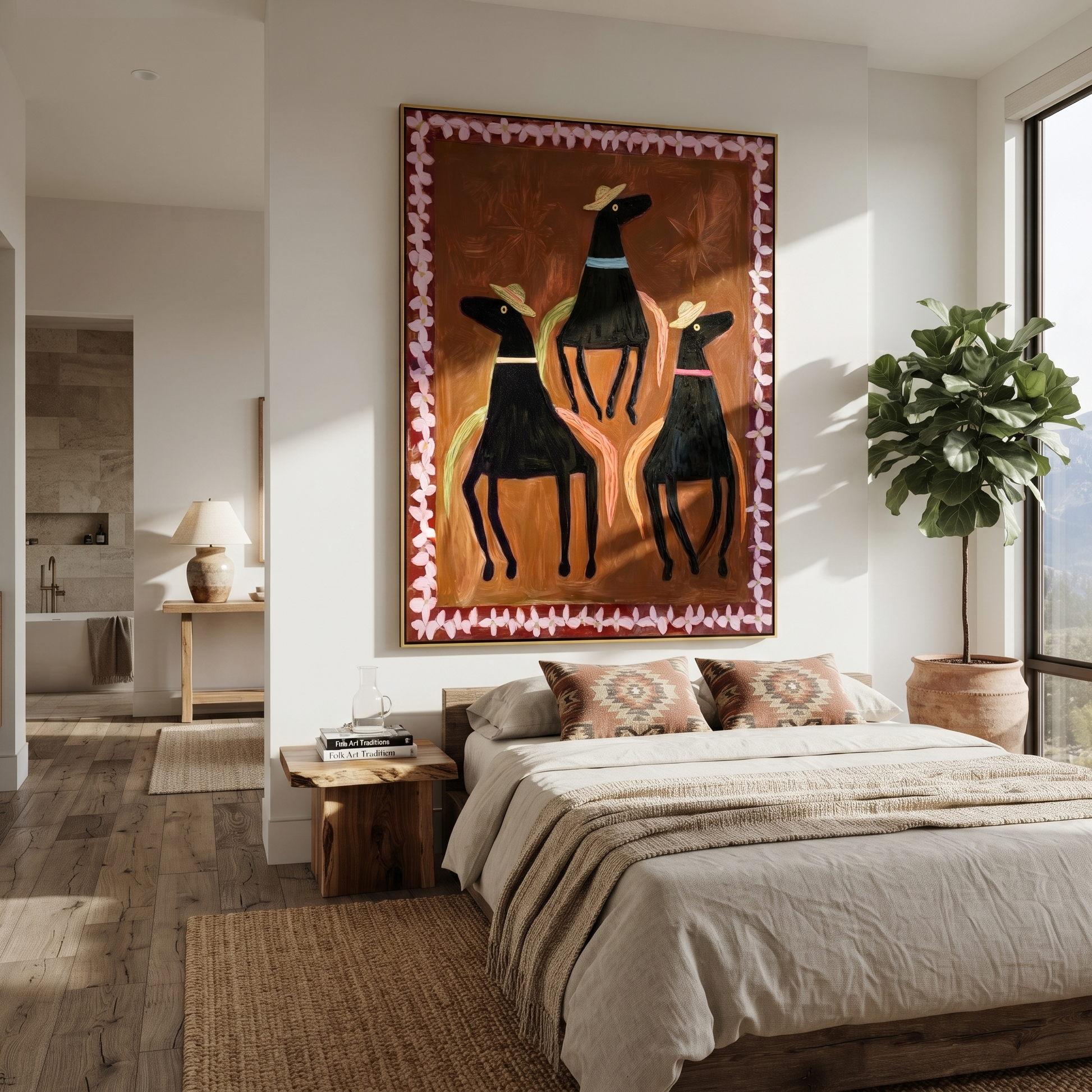 Three Hats Circle Chestnut - three black horse folk painting by Isabelle Laurent, modern Western vertical wall art – styled room scene view 4