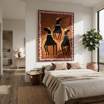 Three Hats Circle Chestnut - three black horse folk painting by Isabelle Laurent, modern Western vertical wall art – styled room scene view 4