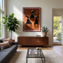 Three Hats Circle Chestnut - three black horse folk painting by Isabelle Laurent, modern Western vertical wall art – styled room scene view 5