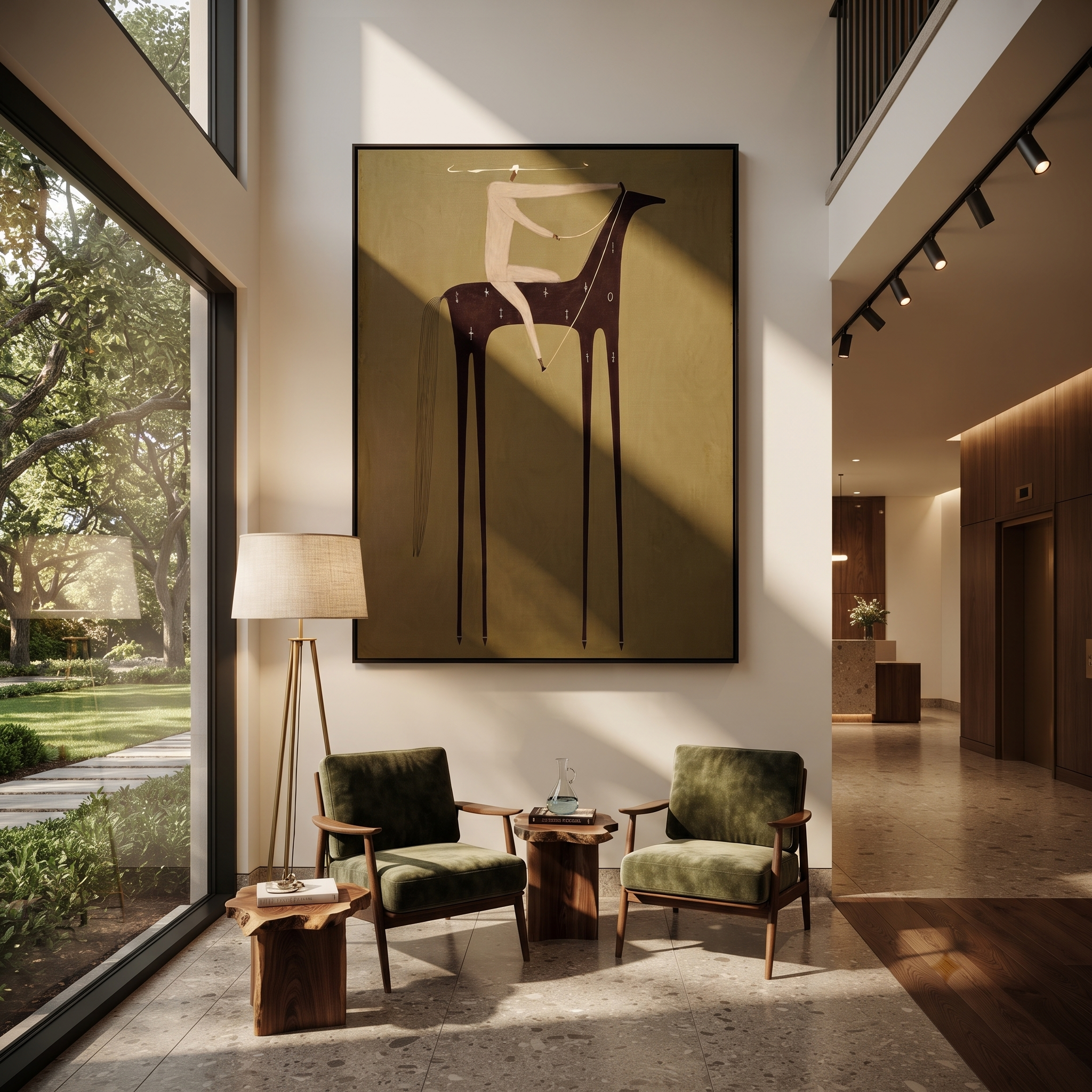 Pale Acrobat Balances Midnight - black horse acrobat painting by Isabelle Laurent, modern Western vertical wall art – styled room scene view 1