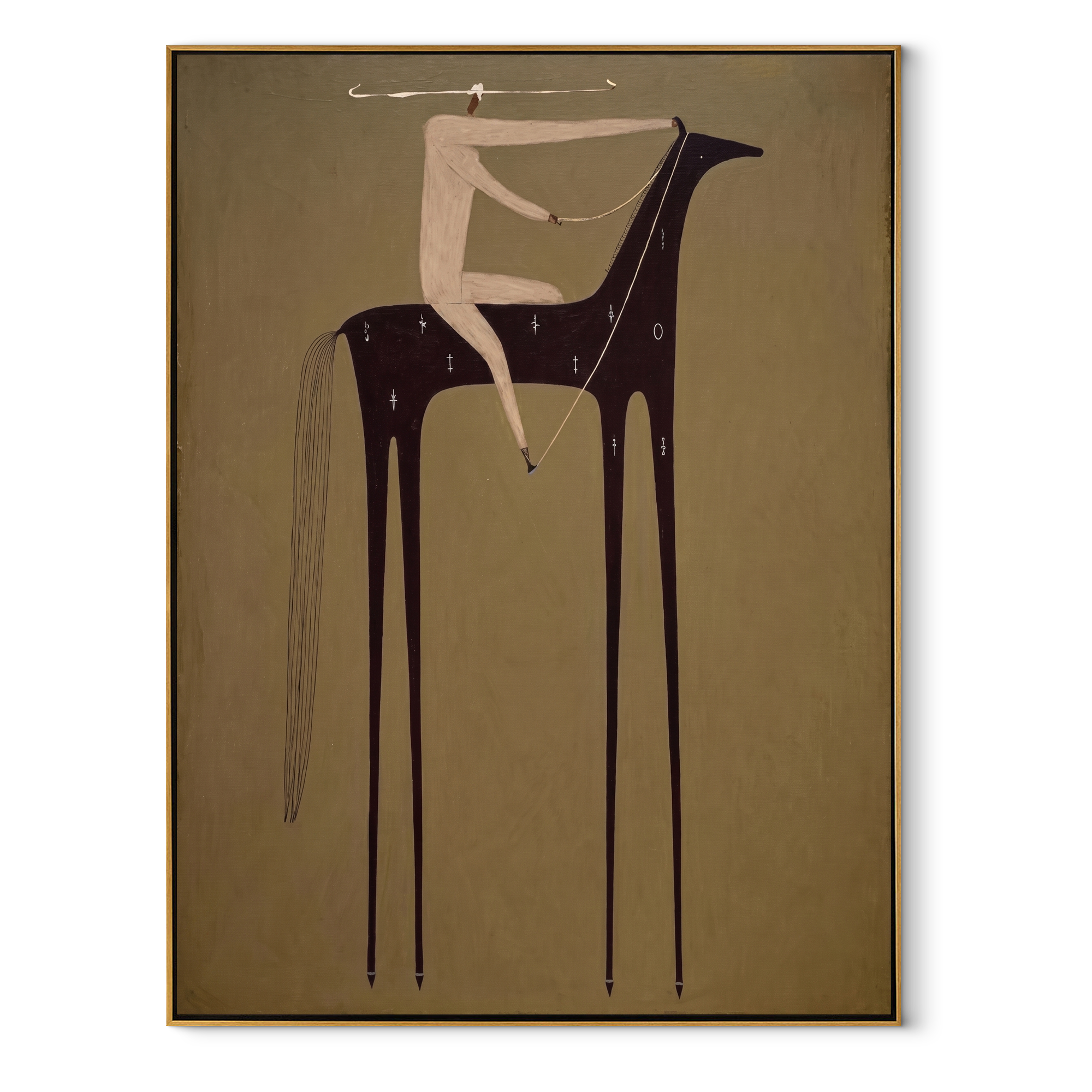 Pale Acrobat Balances Midnight - black horse acrobat painting by Isabelle Laurent, modern Western vertical wall art – wood frame on white background