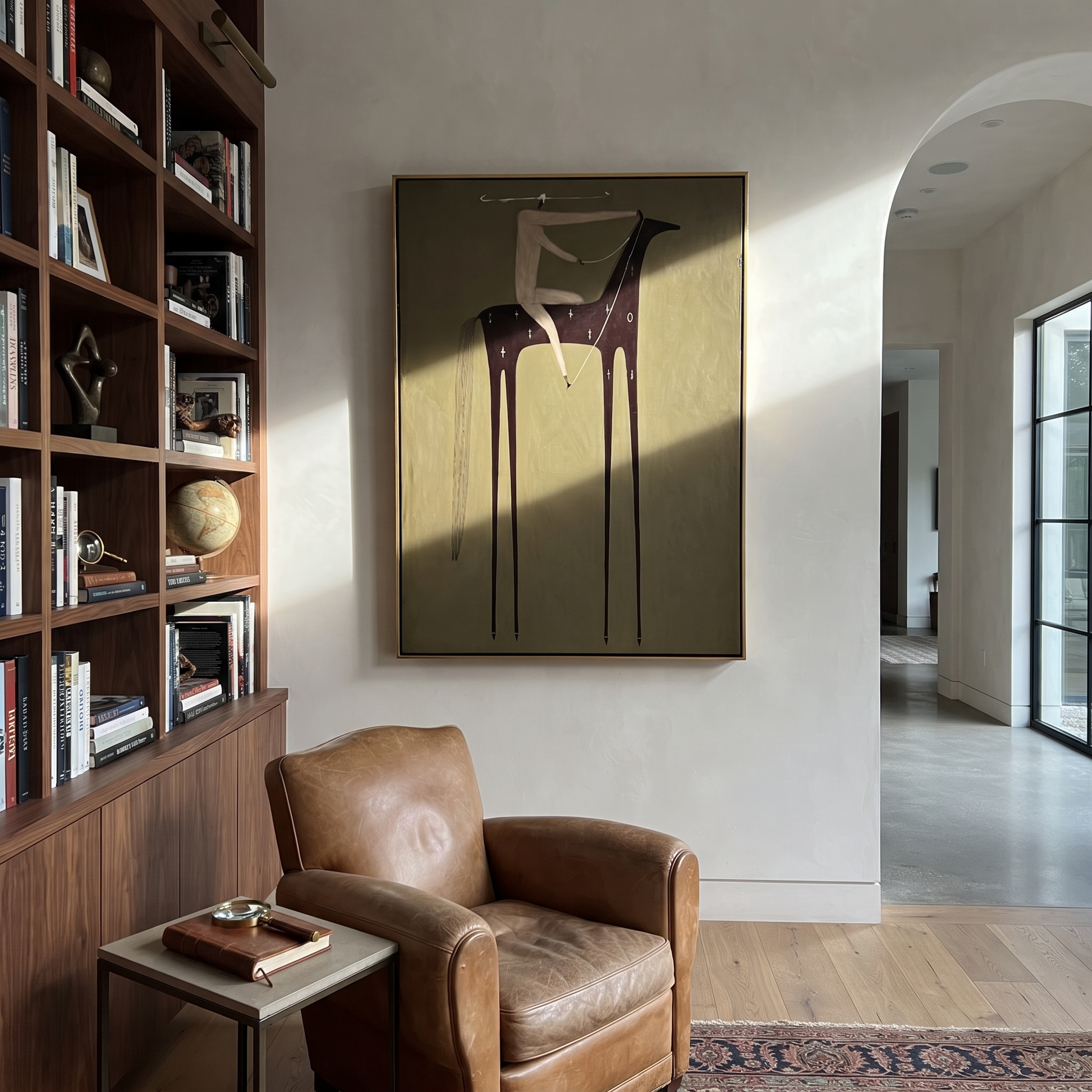 Pale Acrobat Balances Midnight - black horse acrobat painting by Isabelle Laurent, modern Western vertical wall art – styled room scene view 4
