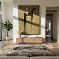 Pale Acrobat Balances Midnight - black horse acrobat painting by Isabelle Laurent, modern Western vertical wall art – styled room scene view 5