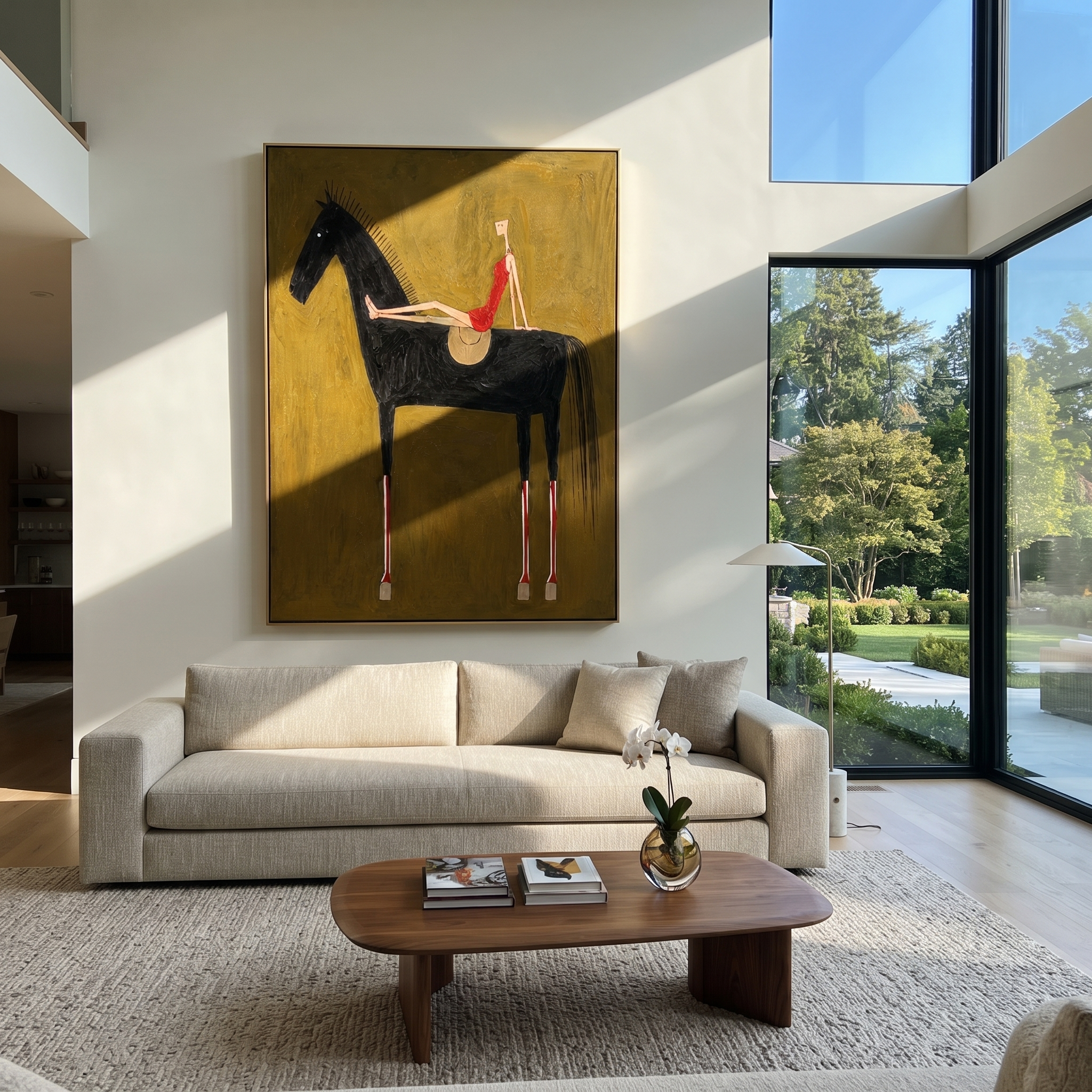 Red Dress Rests High - black horse woman painting by Isabelle Laurent, modern Western vertical wall art – styled room scene view 1