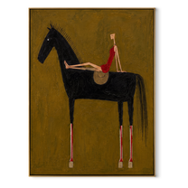 Red Dress Rests High - black horse woman painting by Isabelle Laurent, modern Western vertical wall art – wood frame on white background