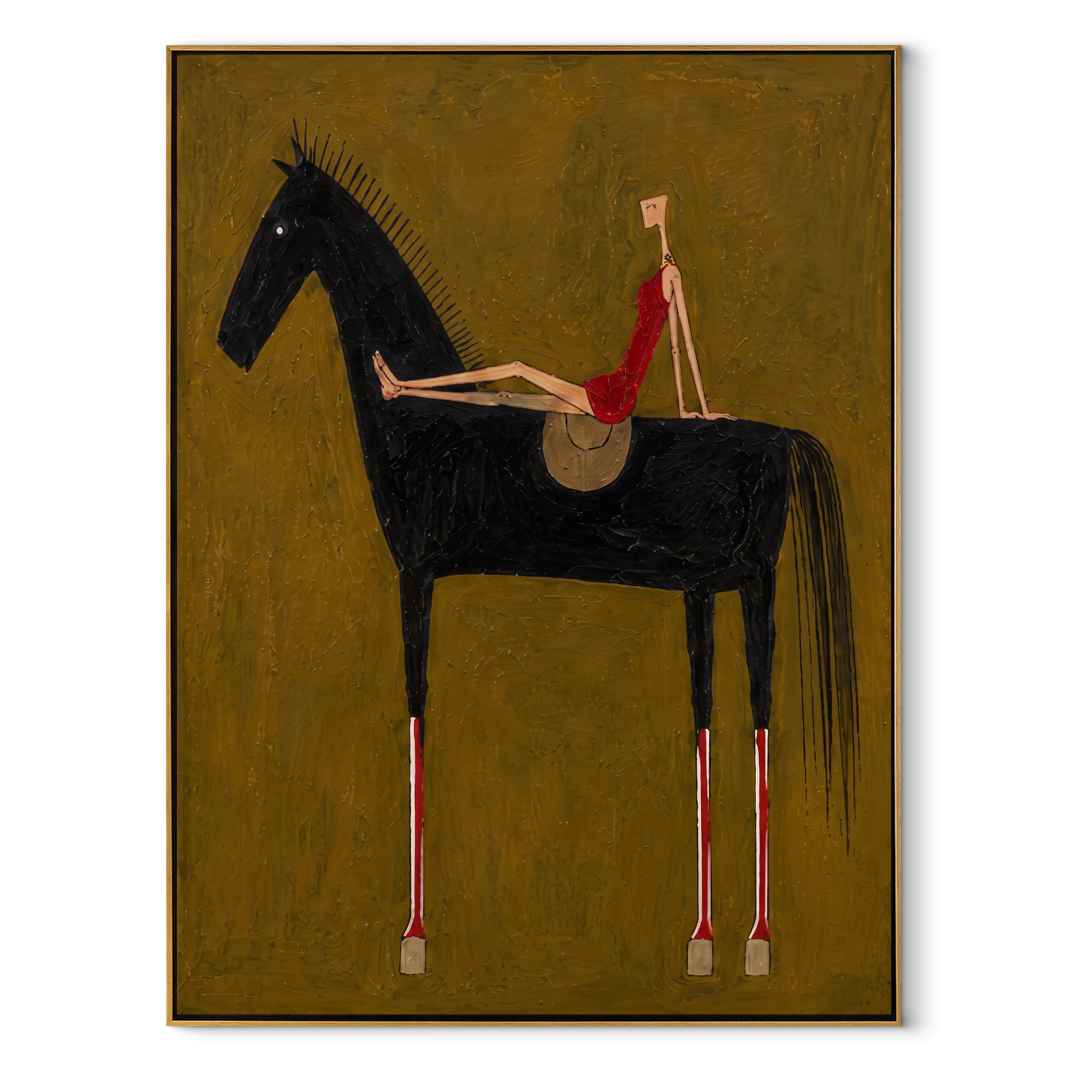 Red Dress Rests High - black horse woman painting by Isabelle Laurent, modern Western vertical wall art – wood frame on white background
