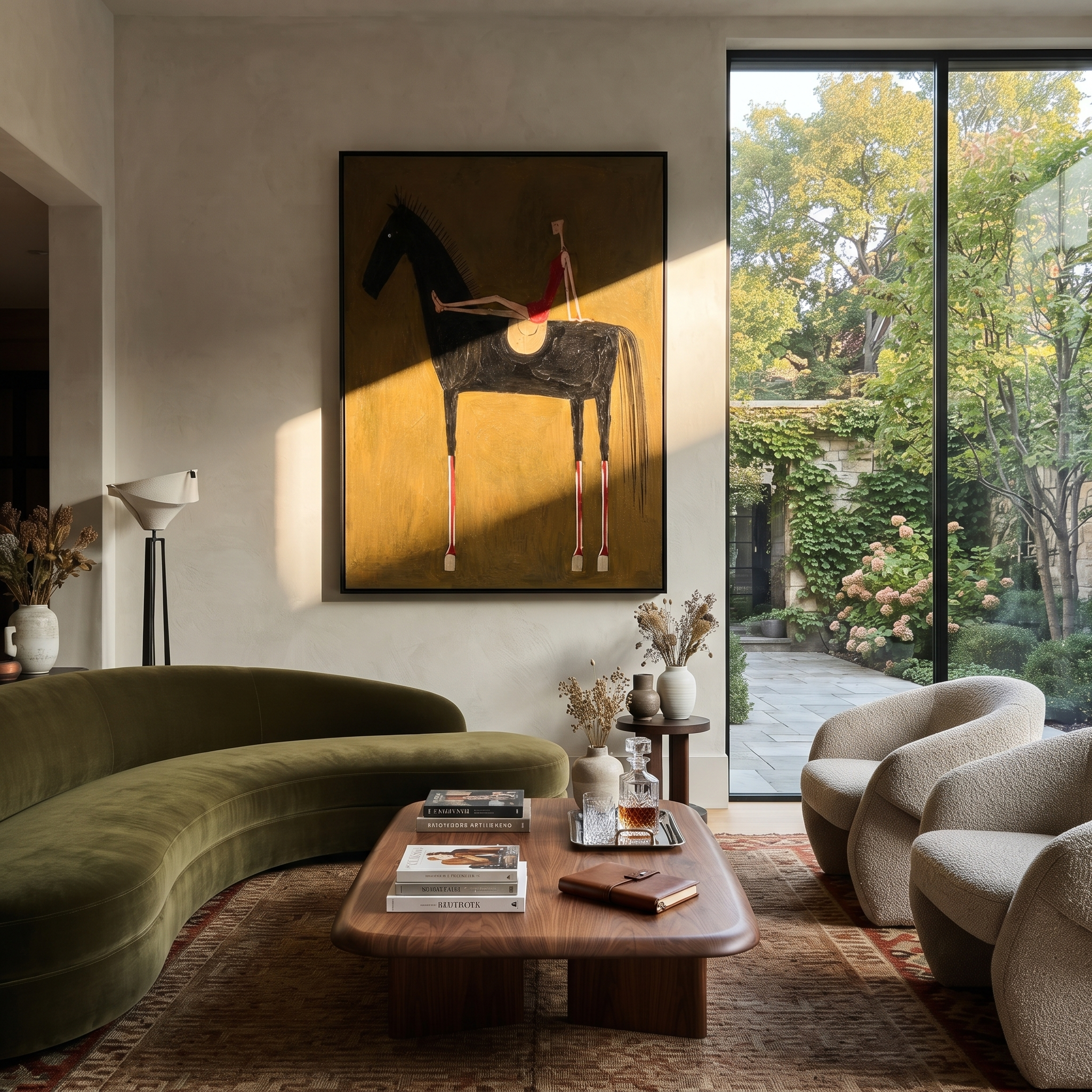 Red Dress Rests High - black horse woman painting by Isabelle Laurent, modern Western vertical wall art – styled room scene view 3