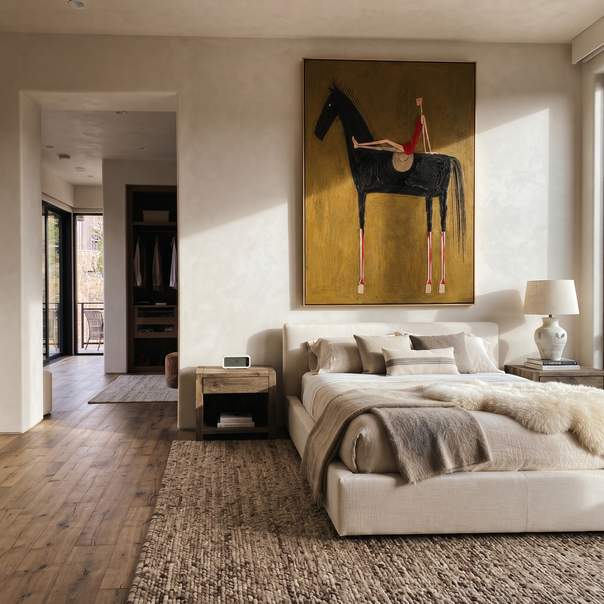 Red Dress Rests High - black horse woman painting by Isabelle Laurent, modern Western vertical wall art – styled room scene view 4