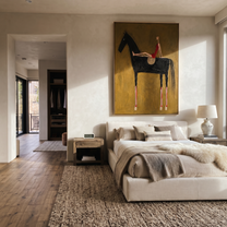 Red Dress Rests High - black horse woman painting by Isabelle Laurent, modern Western vertical wall art – styled room scene view 4