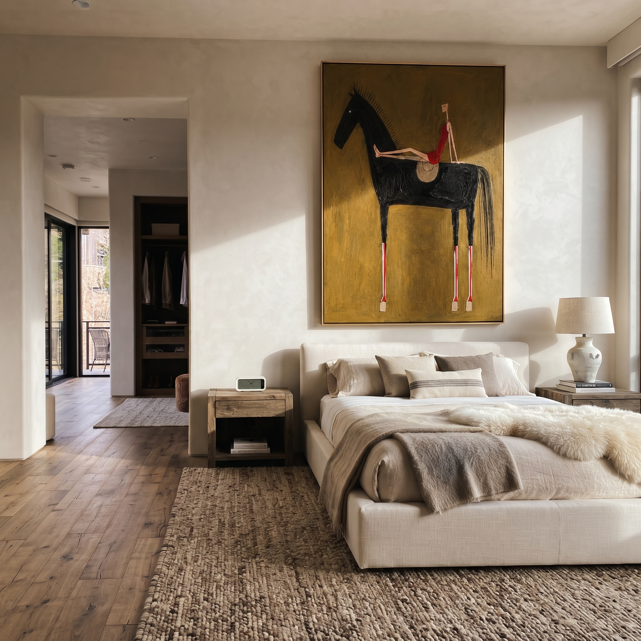 Red Dress Rests High - black horse woman painting by Isabelle Laurent, modern Western vertical wall art – styled room scene view 4