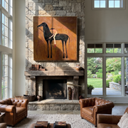 Red Boots Meet Shadow - black horse cowgirl painting by Isabelle Laurent, modern Western square wall art – styled room scene view 1
