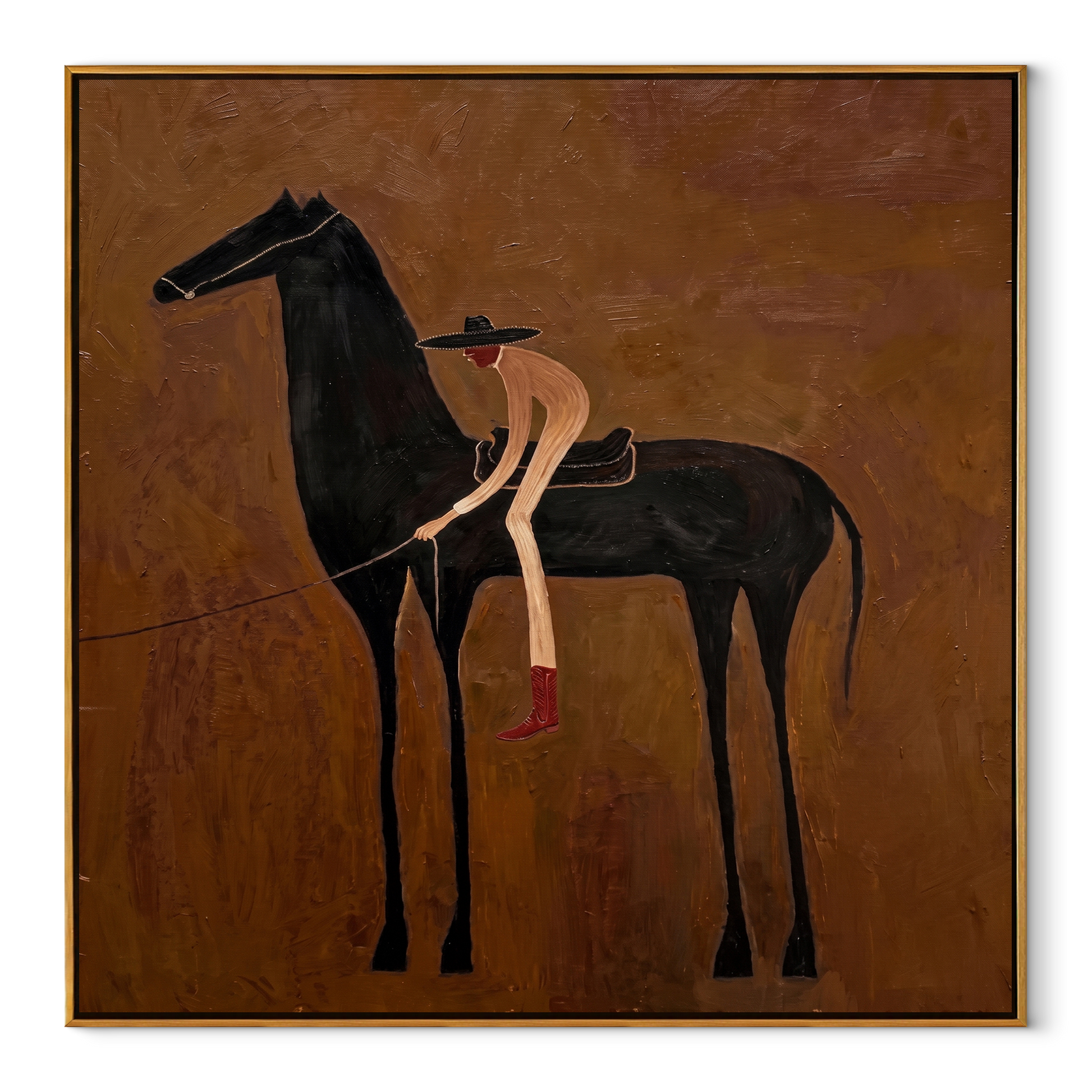 Red Boots Meet Shadow - black horse cowgirl painting by Isabelle Laurent, modern Western square wall art – wood frame on white background