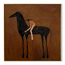 Red Boots Meet Shadow - black horse cowgirl painting by Isabelle Laurent, modern Western square wall art – wood frame on white background
