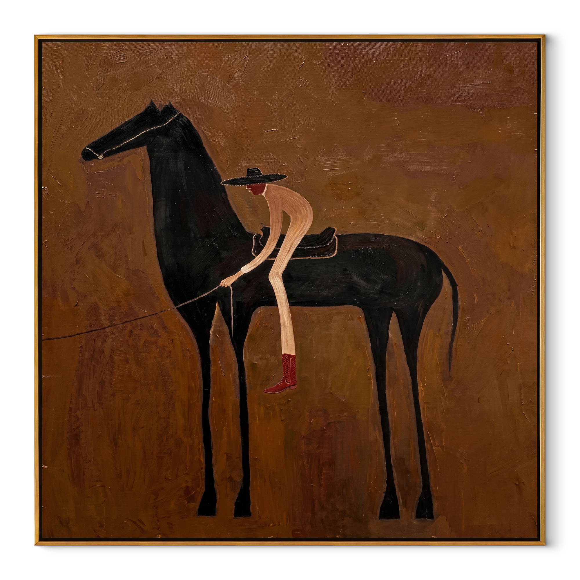 Red Boots Meet Shadow - black horse cowgirl painting by Isabelle Laurent, modern Western square wall art – wood frame on white background