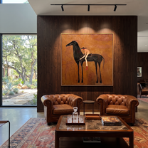 Red Boots Meet Shadow - black horse cowgirl painting by Isabelle Laurent, modern Western square wall art – styled room scene view 2
