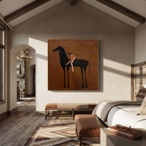 Red Boots Meet Shadow - black horse cowgirl painting by Isabelle Laurent, modern Western square wall art – styled room scene view 3