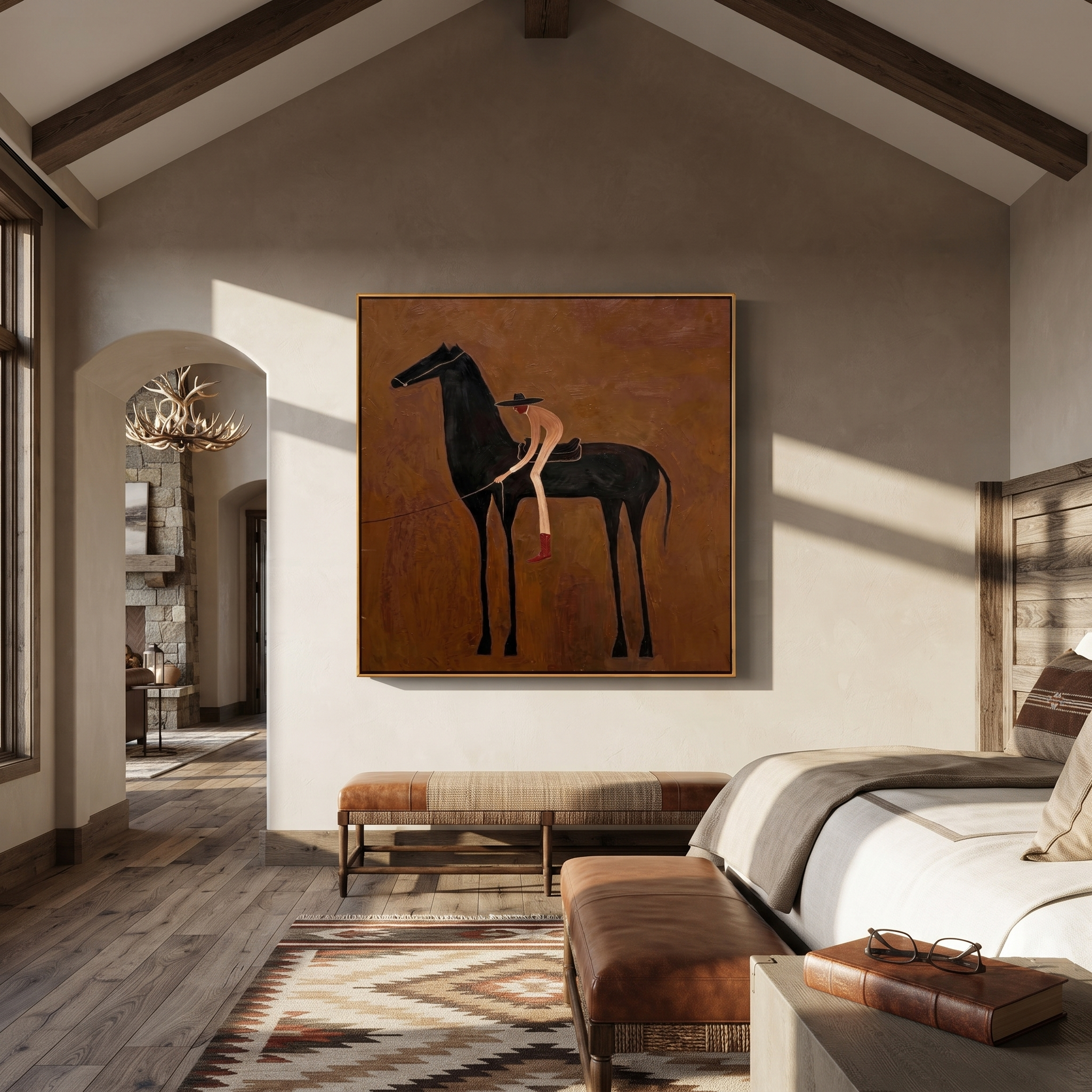 Red Boots Meet Shadow - black horse cowgirl painting by Isabelle Laurent, modern Western square wall art – styled room scene view 3