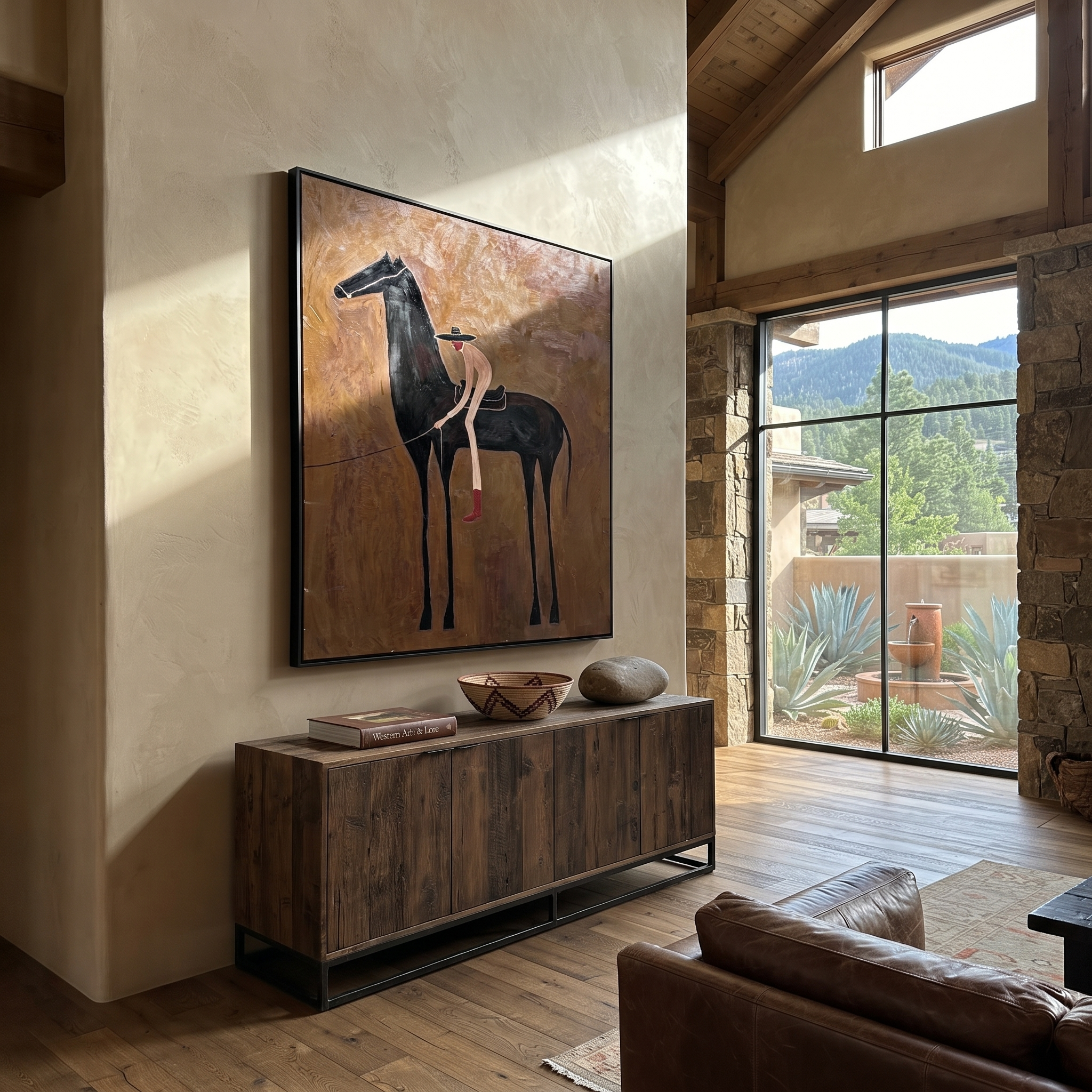 Red Boots Meet Shadow - black horse cowgirl painting by Isabelle Laurent, modern Western square wall art – styled room scene view 4