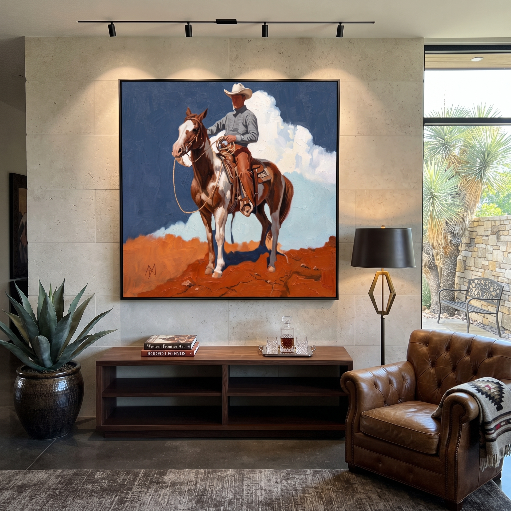 Clouds Gather Behind Saddle - paint horse cowboy painting by Isabelle Laurent, modern Western square wall art – styled room scene view 1