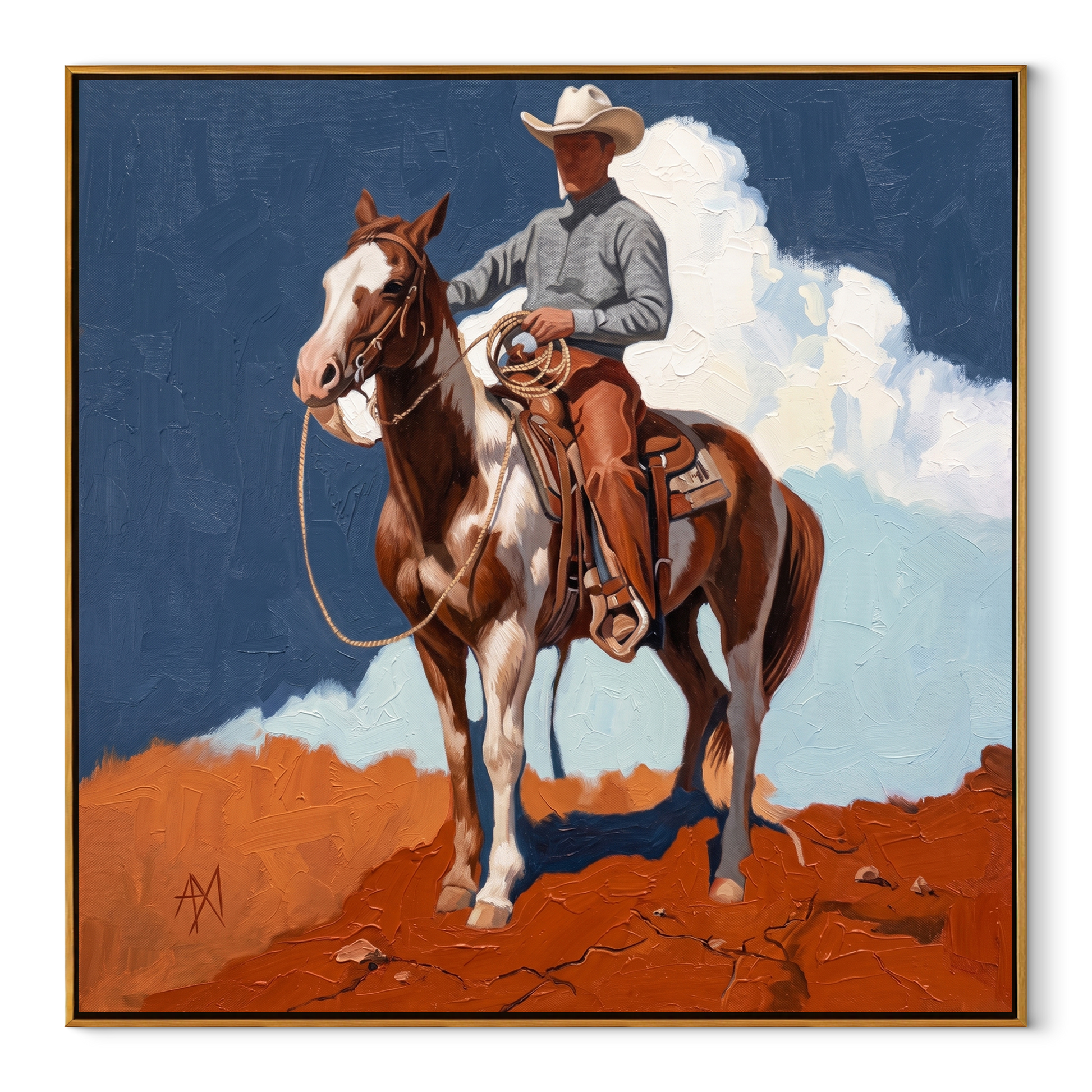 Clouds Gather Behind Saddle - paint horse cowboy painting by Isabelle Laurent, modern Western square wall art – wood frame on white background